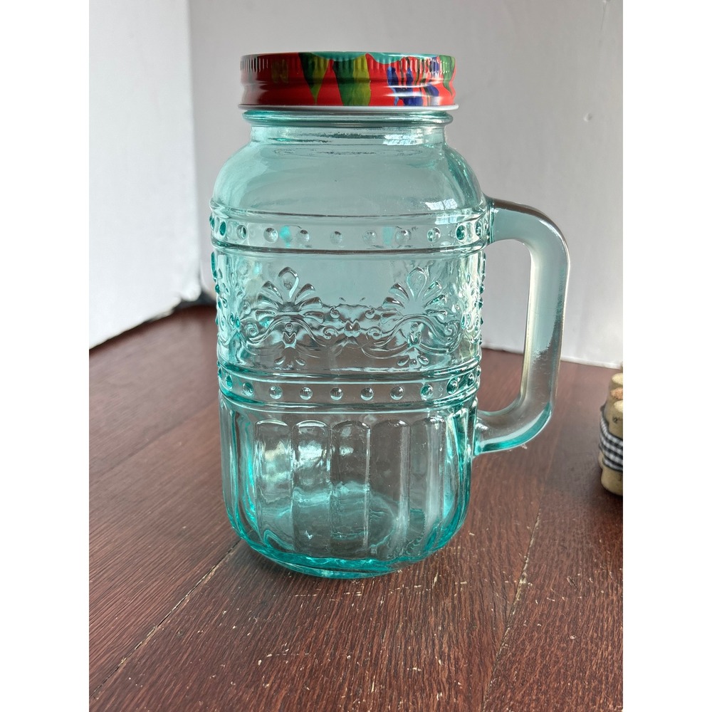 The Pioneer Woman Adeline Turquoise Glass Mason Jar Mug with Floral Lid 7in‎